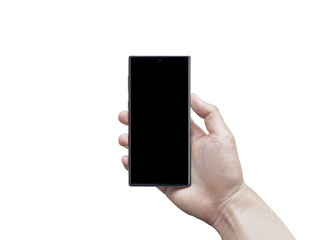 Male hand holding newest mobile smart phone with blank screen, isolated on white background