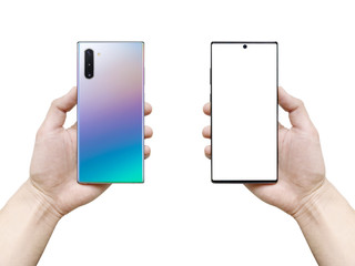Man hands holding a newest smartphone front and side isolated on white background