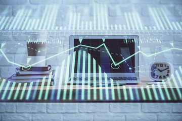 Technology theme drawing and table with computer. Double exposure. Concept of information.