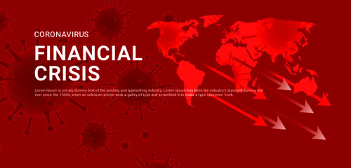 Coronavirus financial crisis horizontal banner concept with falling arrows and candlestick stock charts. Vector illustration with 3d microscopic bacteria and viruses