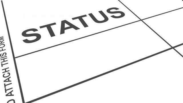 Putting red DELAYED rubber stamp on paper form. 3D animation