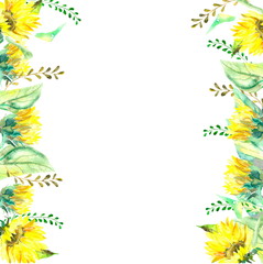 Fototapeta na wymiar watercolor illustration, sunflowers, flower frame, blue flowers, invitation