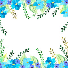 watercolor illustration, flower frame, blue flowers, invitation