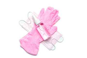 Medical background white. Medical surgical mask, sanitizer gel and lab gloves, modern thermometer on Virus protection equipment. Dangerous asian ncov corona virus. Novel Coronavirus 2019-nCoV