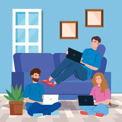 young people working in telecommuting vector illustration design