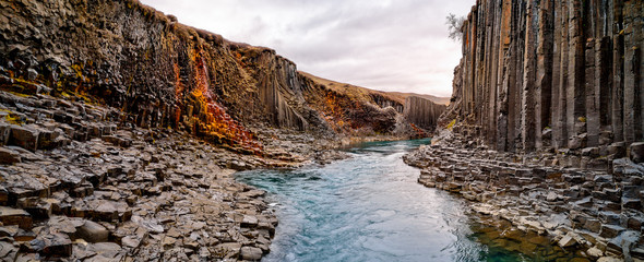 Breathtaking view of Studlagil basalt canyon, Iceland, Europe.