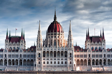 Fototapeta na wymiar Front view of Hungarian Parliament building, Orszaghaz. Budapest, Hungary