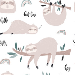 Vector hand-drawn colored seamless repeating childish pattern with cute sloths on the branches and a rainbow in the Scandinavian style on a white background. Cute baby animal. Baby print with sloths

