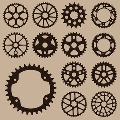 Set of gears. Gear wheel collection. 
Bicycle gear cogwheel sprocket symbols chain wheel. Group of gears. Bicycle crank vector collection. - obrazy, fototapety, plakaty