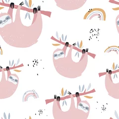 Wallpaper murals Sloths Vector hand-drawn colored seamless repeating childish pattern with cute sloths on the branches and rainbow in the Scandinavian style on a white background. Cute baby animal. Baby print with sloths 