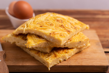Homemade spaghetti omelette. Complete dish, nutritious and typically suitable for those who practice sports. Protein food, good fats food.