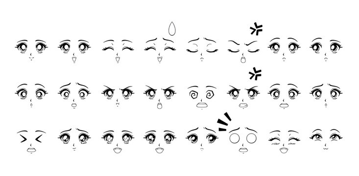 Set of cartoon anime style expressions. Contour picture for manga.