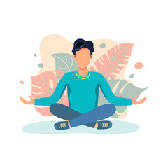 Fototapeta na wymiar Person is sitting in a meditative pose. Great for relax, recreation, yoga. Keep balance concept. Flat style design. Vector illustration isolated on white background.