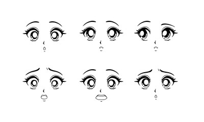 Set of surprised and scared anime faces. Hand drawn vector cartoon illustration.
