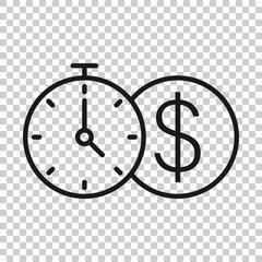 Time is money icon in flat style. Clock with dollar vector illustration on white isolated background. Currency business concept.