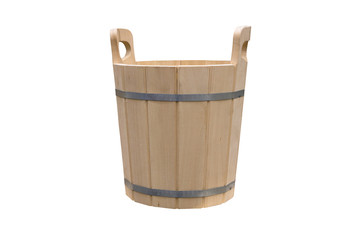 Wooden bucket for saunas and baths isolated on white.