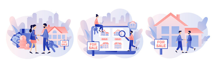 House for sale. Real estate business concept with houses. Tiny real estate agent or broker shaking hands with people buying house. Modern flat cartoon style. Vector illustration on white background