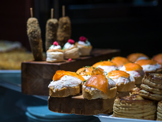 Close-up of a typical basque pincho or tapa made of salmon and crayfish in a bar of Vitoria, Basque...