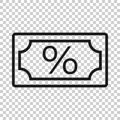 Dollar currency banknote icon in flat style. Dollar cash discount vector illustration on white isolated background. Banknote bill with percent business concept.