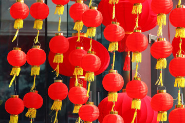 Many beautiful red lanterns in asian city