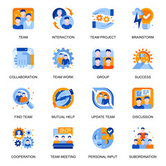 Obraz na płótnie Canvas Teamwork icons set in flat style. Team meeting, project management, mutual help, group cooperation and discussion signs. Office workers communication and collaboration pictograms for UX UI design.