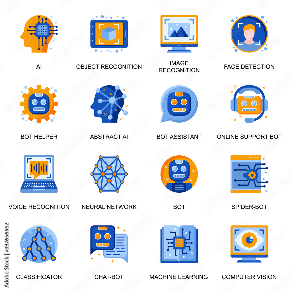 Poster Artificial intelligence icons set in flat style. Image and voice recognition, online support and assistant chatbot, neural network, computer vision signs. Machine learning pictograms for UX UI design.