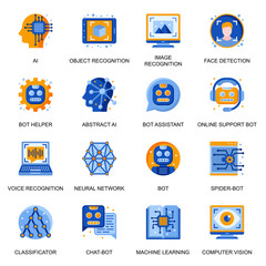 Artificial intelligence icons set in flat style. Image and voice recognition, online support and assistant chatbot, neural network, computer vision signs. Machine learning pictograms for UX UI design.