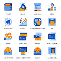 Money transaction icons set in flat style. Credit card service, currency converter, online and mobile payment, money flow, checkbook and cash signs. Capital management pictograms for UX UI design.
