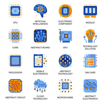 Electronics icons set in flat style. Artificial intelligence, CPU core, GPU module, computer processor, technology solution, micro scheme signs. Electronic components pictograms for UX UI design.