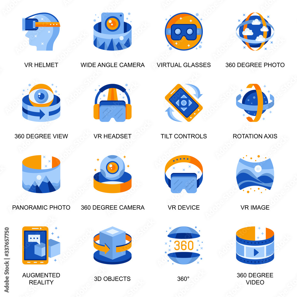 Poster virtual reality icons set in flat style. wide angle camera, vr headset, 360 degree view, panoramic p