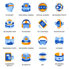 Virtual reality icons set in flat style. Wide angle camera, VR headset, 360 degree view, panoramic photo, tilt control and rotation axis signs. Innovation entertainment pictograms for UX UI design.