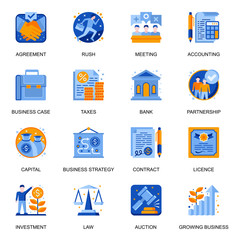 Business development icons set in flat style. Taxes and charges, agreement and contract, strategy planning and accounting, capital investment signs. Growing business pictograms for UX UI design.