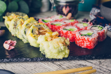 sushi set in menu on black board