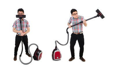 Funny man with vacuum cleaner on white