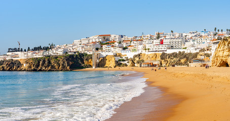 Wide sandy beach in Albufeira, Algarve, Portugal