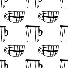Tea and coffee mugs. Seamless pattern. Black and white illustration for coloring book