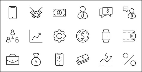 Set of Business vector line icons. It contains symbols of a handshake, a user, dollar pictograms, gears, a briefcase, a bag of money, a schedule and much more. Editable Stroke. 32x32 pixels.