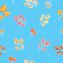 Fototapeta na wymiar Light hand drawn pink, orange, yellow flower buds on bright blue background with white spots. Seamless floral season pattern.