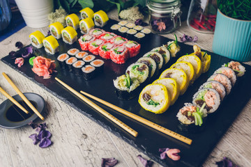 sushi set in menu on black board
