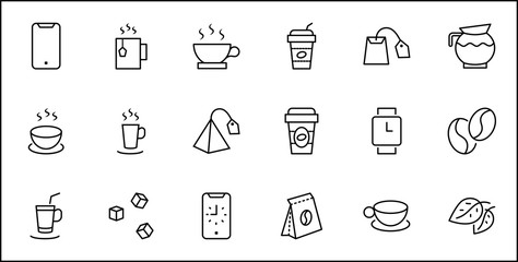 Set of Coffee and Tea Vector Line Icons. Contains such Icons as Cup of Tea, Teabags, Coffee beans and Green Tea Leaves, a pitcher of Water, Sugar Cubes and more. Editable Stroke. 32x32 Pixels