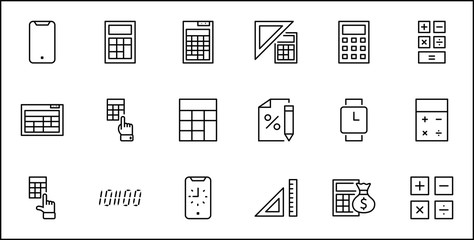 Set of Calculation Vector Line Icons. Contains such Icons as Calculator Icon, Pencil, Click, Money Bag, Percent symbol, Square and Ruler. Editable Stroke. 32x32 Pixels