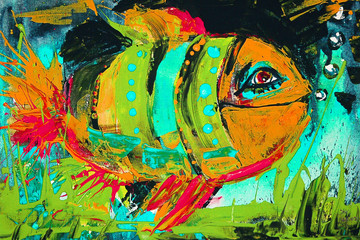 Quadro colorato pesce giallo acqua turchese. Dipinto moderno barriera corallina © Kateryna Kovarzh