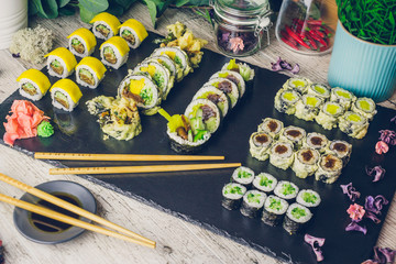 sushi set in menu on black board