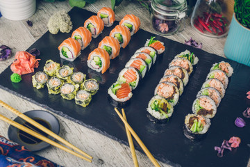 sushi set in menu on black board