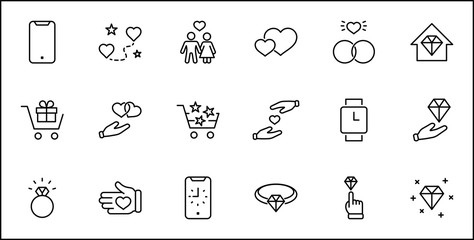 International Jeweler Day Set Line Vector Icons. Contains such Icons as Love, Heart, Hand, Family, Wedding Rings, Diamond, Jewelry store, Gift, Basket and more. Editable Stroke. 32x32 Pixels
