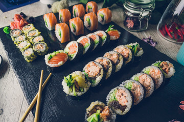 sushi set in menu on black board