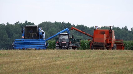 Obraz premium Tracktor and combine harvester working on the agricultural land.