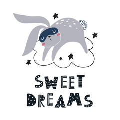 Vector hand-drawn color illustration, poster, print, poster with a sleeping bunny on a cloud and lettering sweet dreams in Scandinavian style on a white background. Cute baby animals.