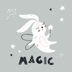 Vector hand-drawn color children's illustration, poster, print with cute white bunny fairy with a magic wand and wings  in a Scandinavian style on a light background. Cute baby animals. Magic.