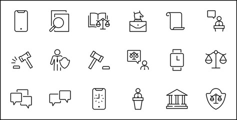 Fototapeta na wymiar Set of Law and justice Vector Line Icons. Contains such Icons as weapon, arrest, authority, courthouse, gavel, legal, weapon and more. Editable stroke. 32x32 Pixels